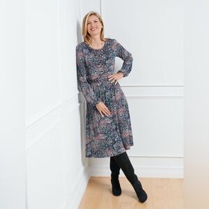 TALBOTS JERSEY SMOCKED FIT & FLARE DRESS - BRIGHT PAISLEY Size MP